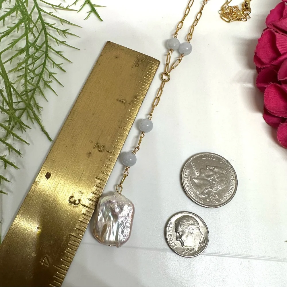 NEW⚜️Raw Aquamarine Baroque Pearl Lariat Necklace - Picture 7 of 8